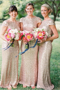 Champagne Sheath/Column Cap Sleeves Sequined Zipper Up at Side Long Bridesmaid Dresses