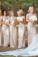 Champagne Sheath/Column Cap Sleeves Sequined Zipper Up at Side Long Bridesmaid Dresses