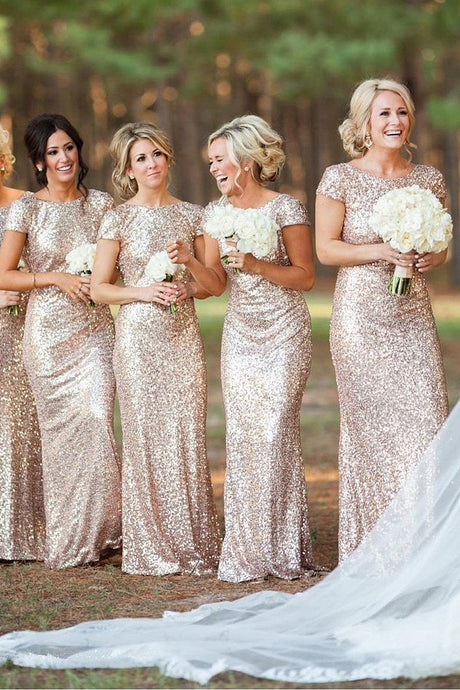 Champagne Sheath/Column Cap Sleeves Sequined Zipper Up at Side Long Bridesmaid Dresses