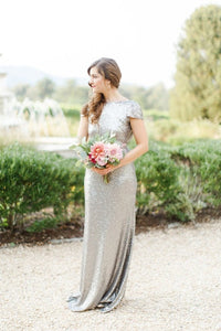 Silver Sheath/Column Cap Sleeves Sequined Zipper Up at Side Long Bridesmaid Dresses