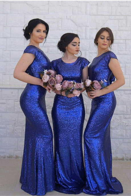 Blue Sheath/Column Cap Sleeves Sequined Zipper Up at Side Long Bridesmaid Dresses