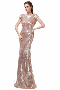 Pink Sheath/Column Cap Sleeves Sequined Zipper Up at Side Long Bridesmaid Dresses
