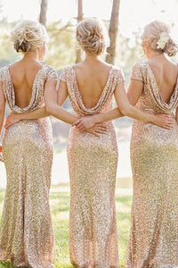 Champagne Sheath/Column Cap Sleeves Sequined Zipper Up at Side Long Bridesmaid Dresses