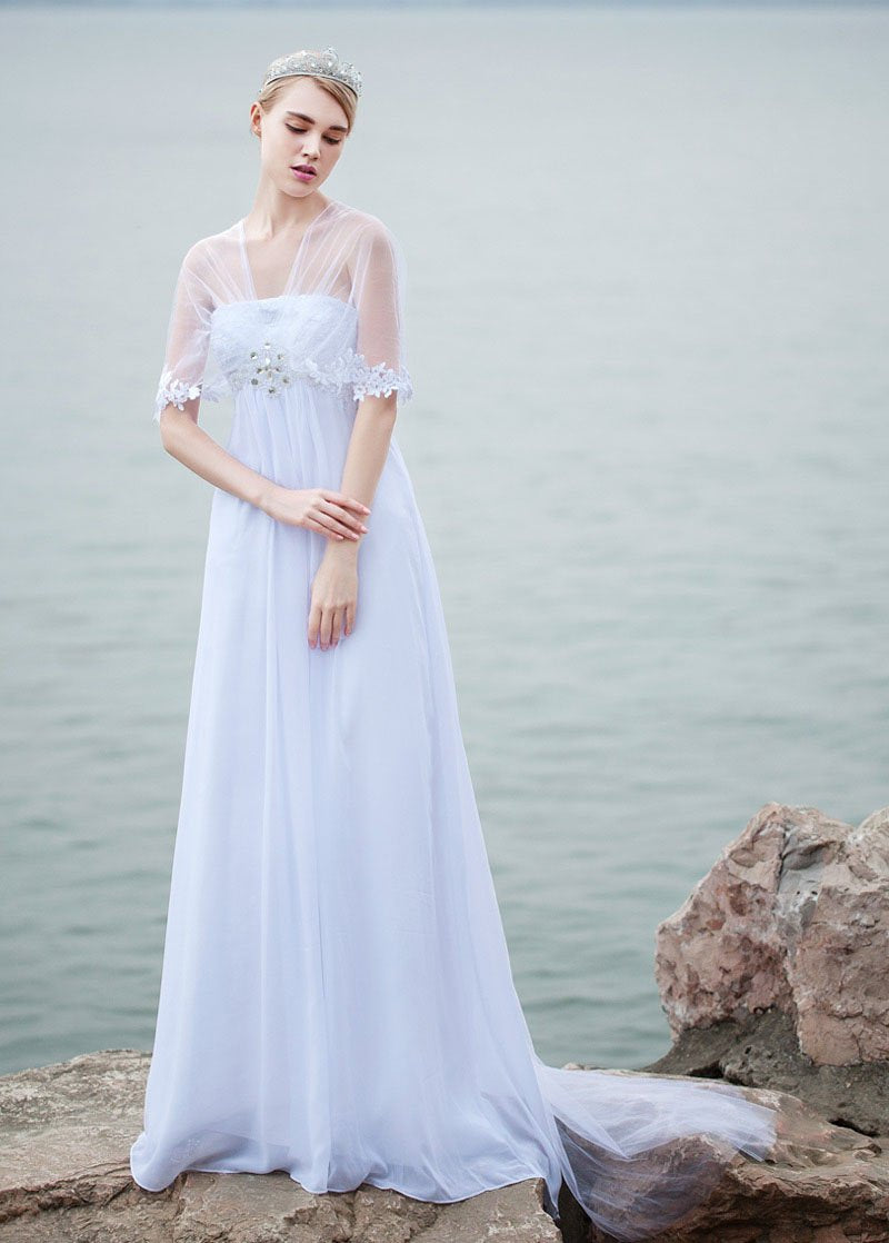 A-line V-neck Empire Beading Chiffon Long Beach Wedding Dresses – Okeydress