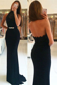 Dark Navy Sweep Train Sheath/Column Halter Sleeveless Prom Dresses