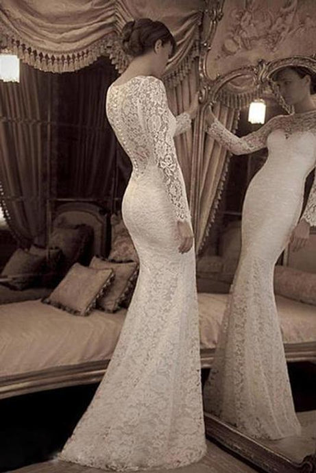 White Distinctive Trumpet/Mermaid Lace Full/Long Sleeve Wedding Dresses