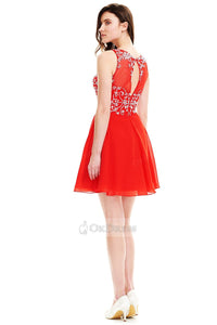 Red OKdress A-line/Princess Jewel-Embellished Illusion Red Short Cocktail Dress