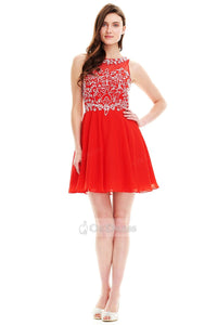 Red OKdress A-line/Princess Jewel-Embellished Illusion Red Short Cocktail Dress