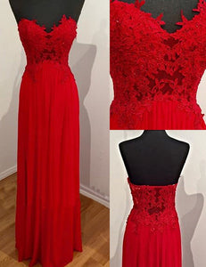 Red Luxury Red A-line Lace Applique Sweetheart Strapless Long Chiffon Prom Dresses