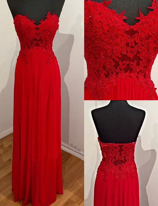 Red Luxury Red A-line Lace Applique Sweetheart Strapless Long Chiffon Prom Dresses