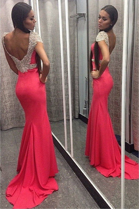 Red Trumpet/Mermaid Chiffon Sweetheart Floor-length Beading Cap Sleeves Prom Dresses