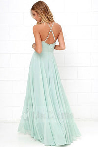 Green A-line Halter Sleeveless Long Chiffon Formal Prom Dresses