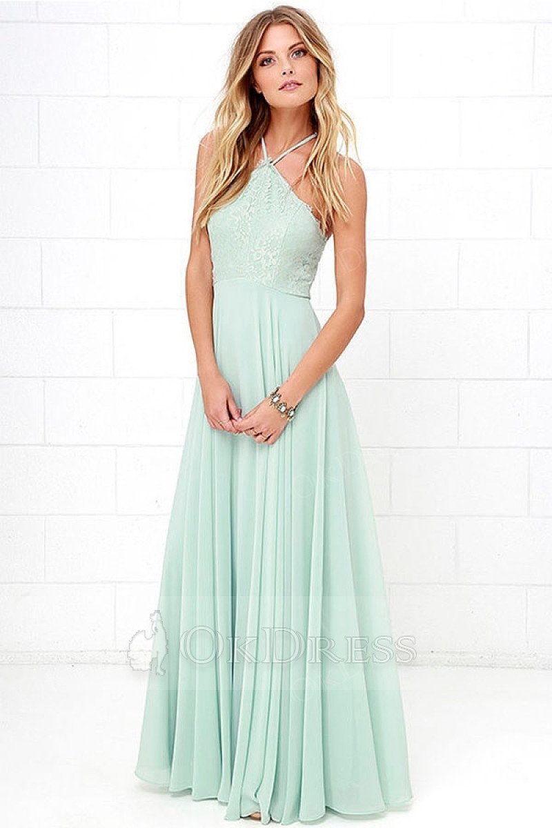 Green A-line Halter Sleeveless Long Chiffon Formal Prom Dresses