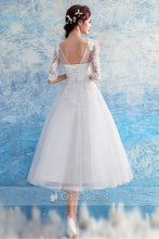 White A-line 1/2 Sleeves Beading Tea-Length Tulle Bridal Wedding Dresses