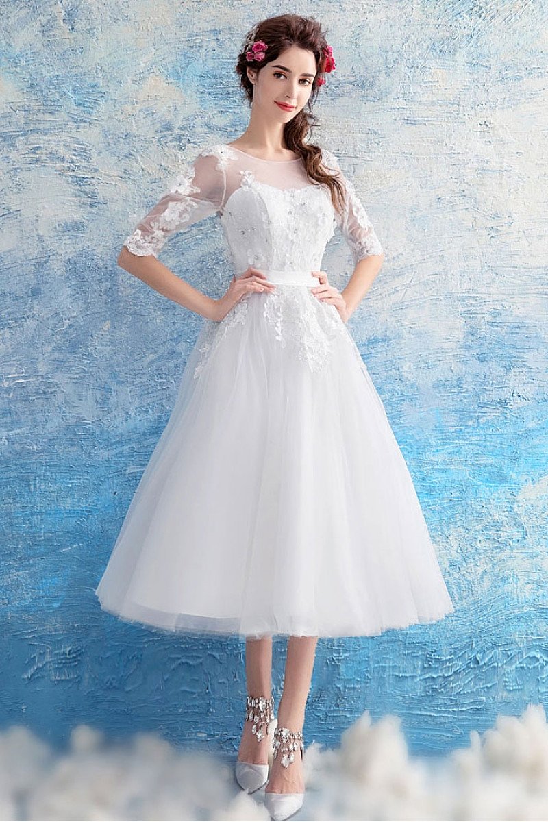 White A-line 1/2 Sleeves Beading Tea-Length Tulle Bridal Wedding Dress   Okeydress