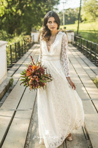 Long Sleeve Boho Style Deep V-Neck Wedding Dresses with Pearls