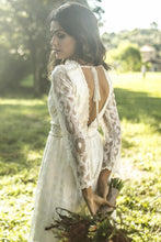 Long Sleeve Boho Style Deep V-Neck Wedding Dresses with Pearls