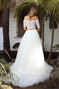 White A-line Two-Piece Off-the-Shoulder Detachable Wedding Dresses