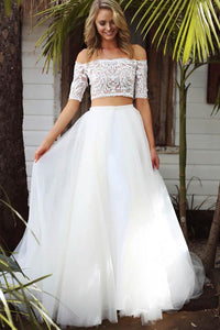 White A-line Two-Piece Off-the-Shoulder Detachable Wedding Dresses
