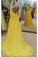 Yellow Romantic V-neck Floor-length A-line Chiffon Evening Dresses