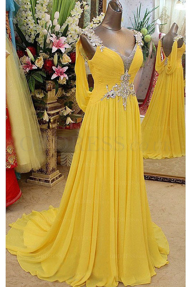 Yellow Romantic V-neck Floor-length A-line Chiffon Evening Dresses