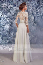 White Junoesque A-line 3/4 Sleeves Lace& Chiffon Wedding Dresses