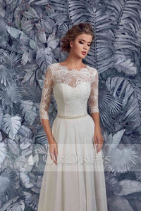 White Junoesque A-line 3/4 Sleeves Lace& Chiffon Wedding Dresses