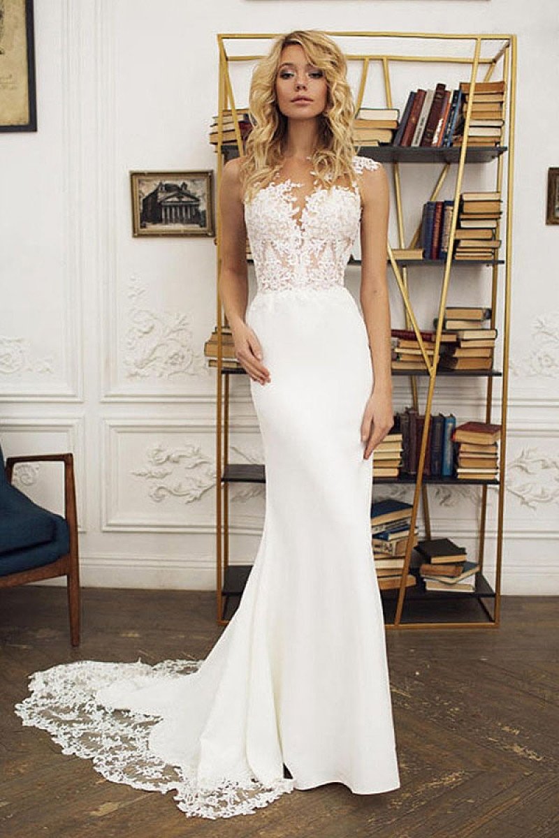 Ivory Sexy Mermaid Lace Bodice Long Satin Wedding Dresses