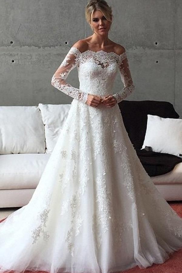 Ivory Fantastic Applique Tulle Off The Shoulder Buttons Wedding Dresses