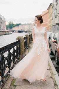 A-line/Princess Long Sleeves V-Neck Lace Beaded Tulle Wedding Dresses