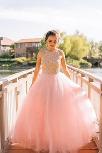 Pink Enchanting Tulle Sleeveless Beading Prom Dresses