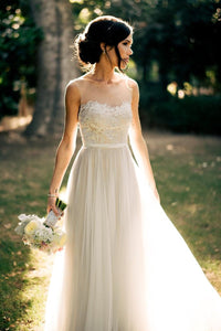 Ivory Popular Applique A-line/Princess Sleeveless Floor-length Natural Wedding Dresses