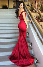 Red Fabulous Natural Elastic Satin Sweep Train Prom Dresses