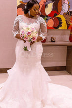 White Trumpet/Mermaid 3/4 sleeve Lace Applique Long Tulle Wedding Dresses