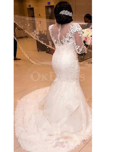White Trumpet/Mermaid 3/4 sleeve Lace Applique Long Tulle Wedding Dresses