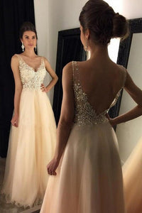 Champagne Faddish Tulle A-line Sleeveless Zipper Appliques Lace Prom Dresses