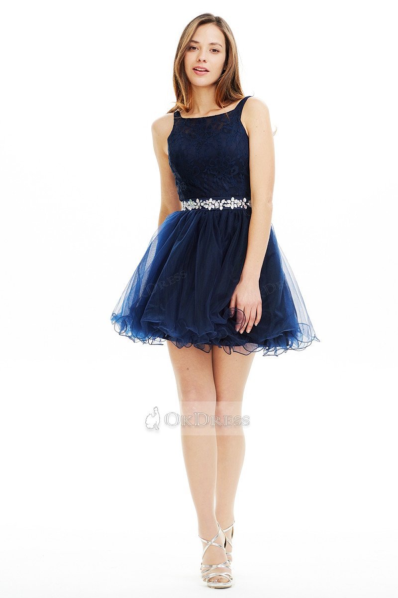 Dark Navy Short A-Line Homecoming Dress with Lace Bodice