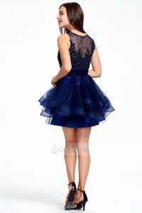 Dark Navy Short and Sexy A-line Scoop Sleeveless Tulle Evening Dress