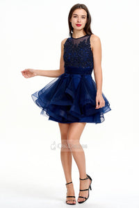 Dark Navy Short and Sexy A-line Scoop Sleeveless Tulle Evening Dress