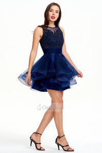 Dark Navy Short and Sexy A-line Scoop Sleeveless Tulle Evening Dress