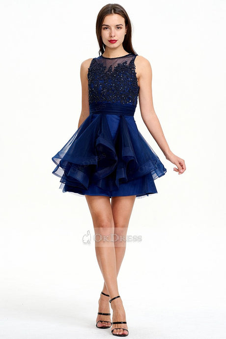 Dark Navy Short and Sexy A-line Scoop Sleeveless Tulle Evening Dress