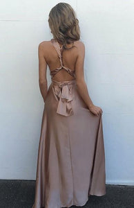 Decent A-line Ruffles V-neck Crossed Straps Silk Like Satin Prom Dresses