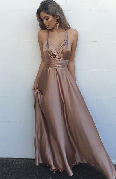 Decent A-line Ruffles V-neck Crossed Straps Silk Like Satin Prom Dresses