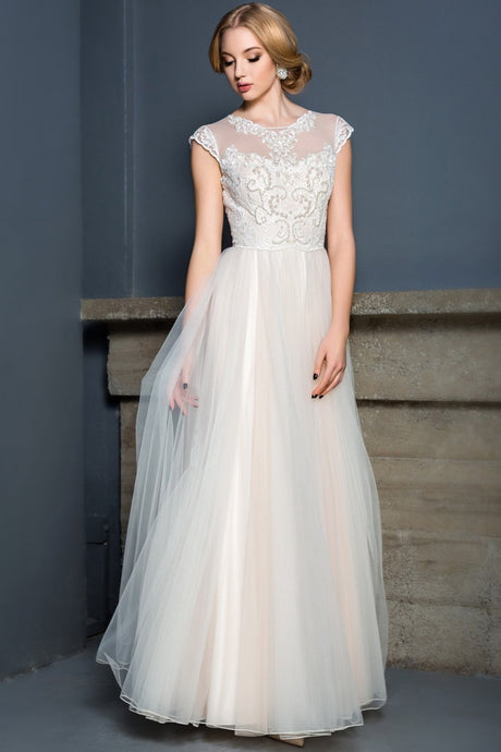 A-Line Floor-Length Wedding Dresses with Cap Sleeves