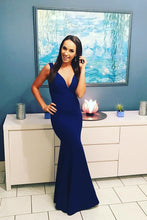Royal Blue Floor-length Sleeveless Natural V-neck Satin Prom Dresses