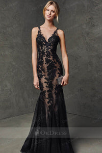 Black Sheath/Column V-Neck Sleeveless Floor-Length Applique Backless Tulle Evening Gowns