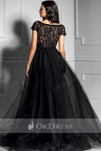 Black A-line Deep V-neck Lace Long Formal Prom Dresses