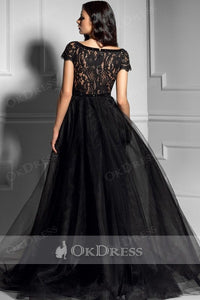 Black A-line Deep V-neck Lace Long Formal Prom Dresses