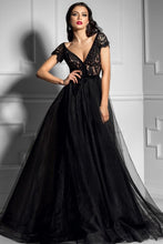 Black A-line Deep V-neck Lace Long Formal Prom Dresses