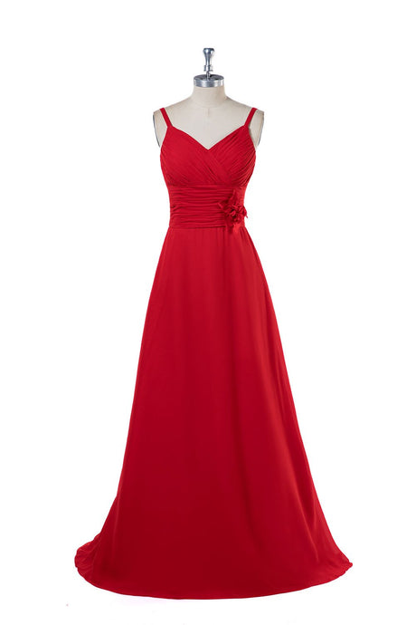 Red A-Line Long Bridesmaid Dresses with Flowers